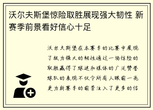 沃尔夫斯堡惊险取胜展现强大韧性 新赛季前景看好信心十足